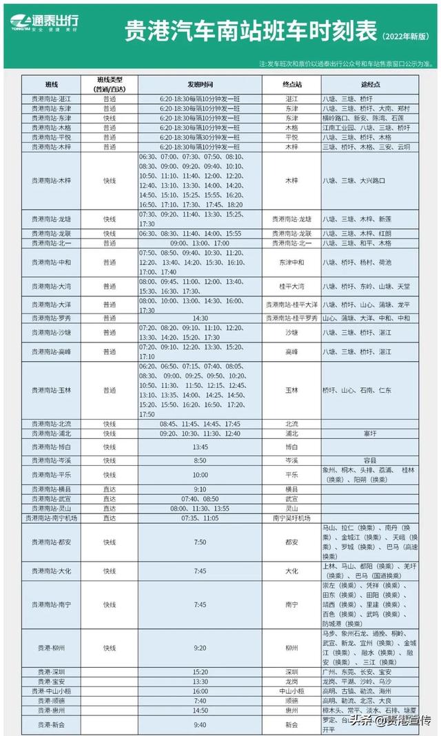 出行必备！贵港市2022年新版班车时刻表来了