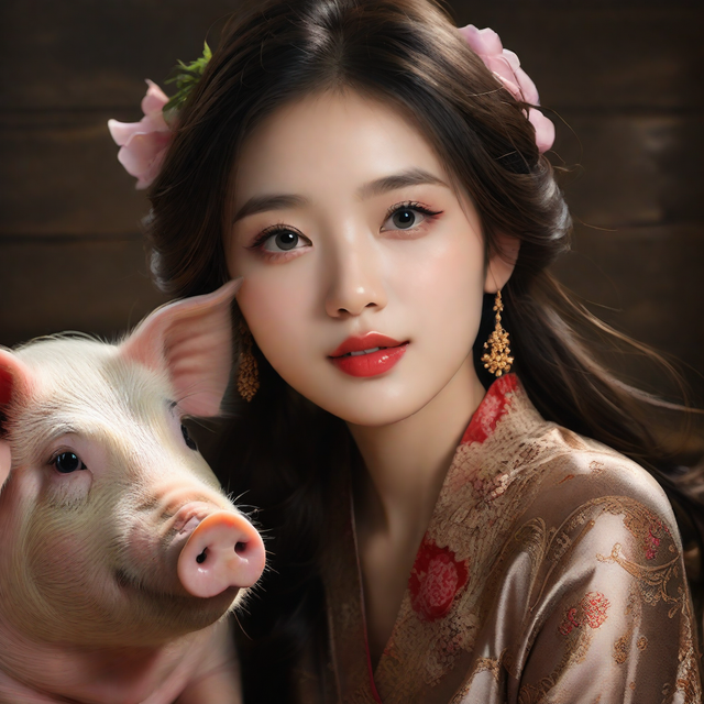 一组国风美女和猪猪的图片