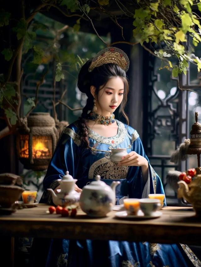 AI绘画｜中国美女倾情品茗，庭院中传递中华之美