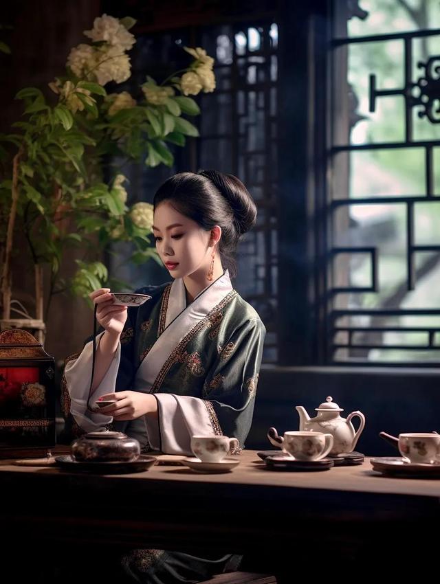 AI绘画｜中国美女倾情品茗，庭院中传递中华之美